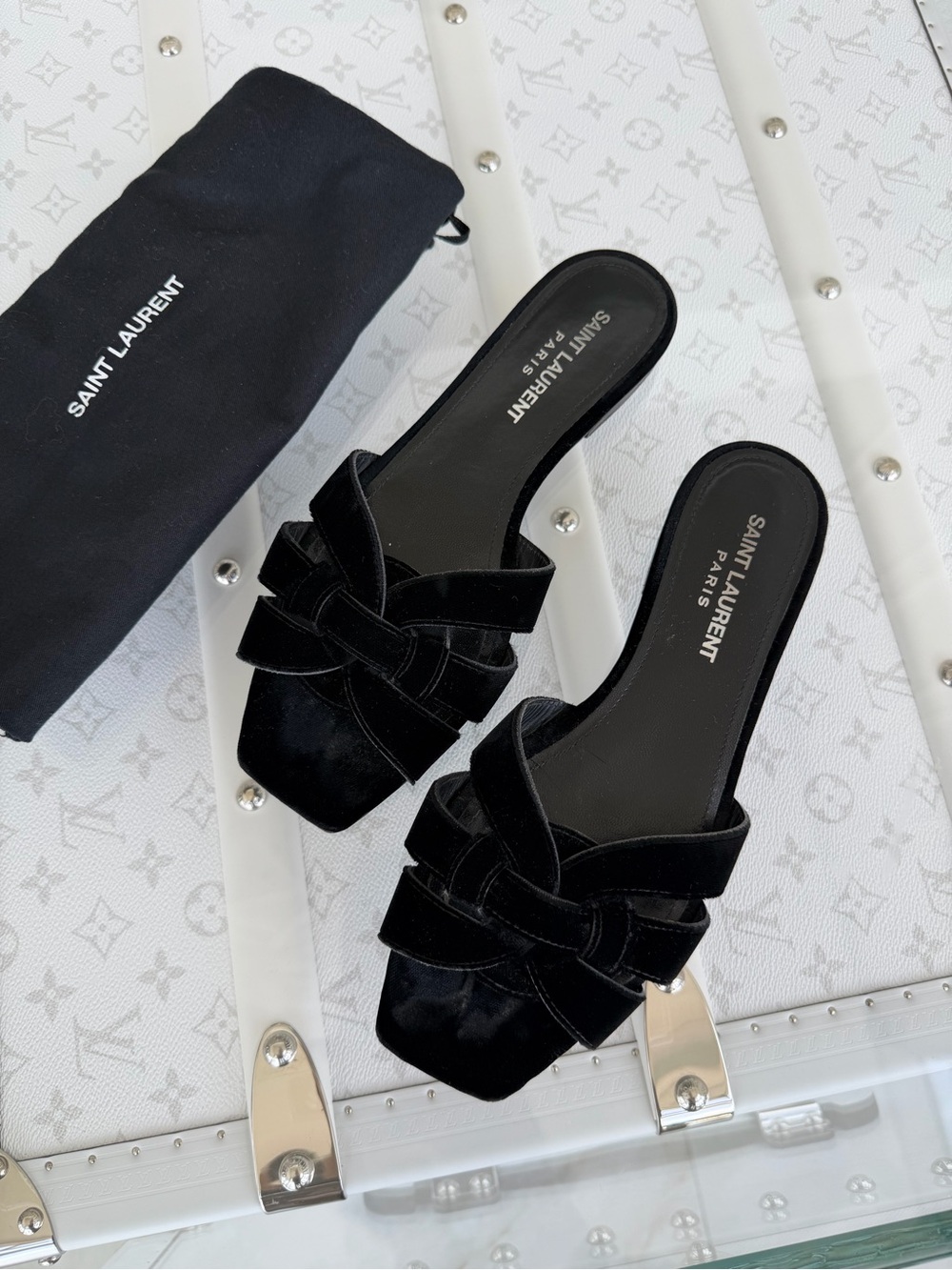 Saint Laurent Tribute Black Velvet Slide Sandals